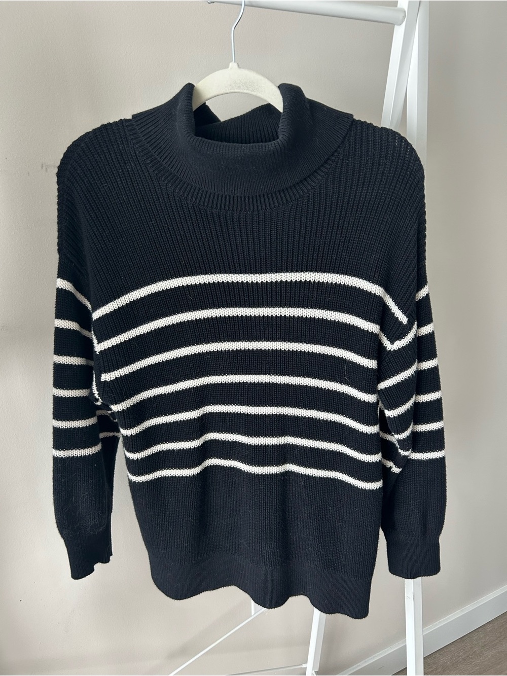 525 America Black and White Striped Cowl Neck Sweater